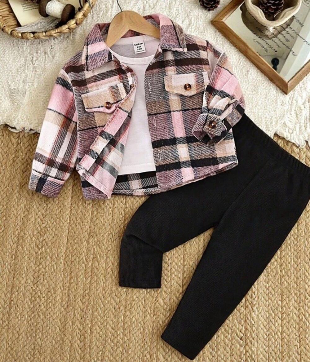 Girl Front Button Pocket Plaid Flannel Shirt & Legging Black Pink Girls 2y-3Y